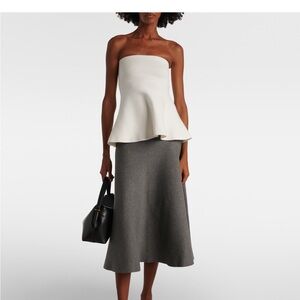The Frankie Shop White Strapless Peplum Top with Gray Midi Skirt